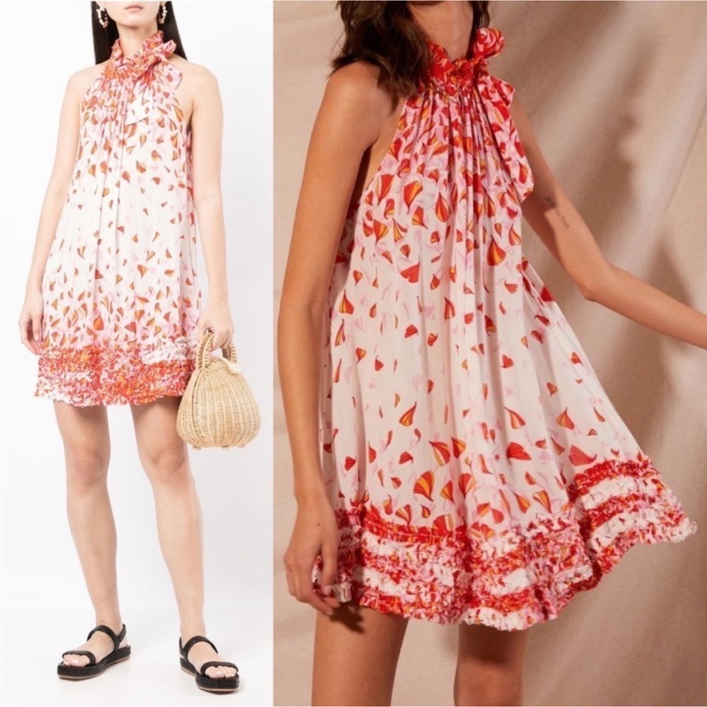 NWT Poupette St Barth Annie Printed Mini Halter Dress in Pink Petale